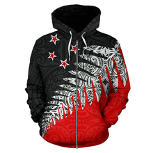 Load image into Gallery viewer, New Zealand Silver Fern Zip Up Hoodie Black Red