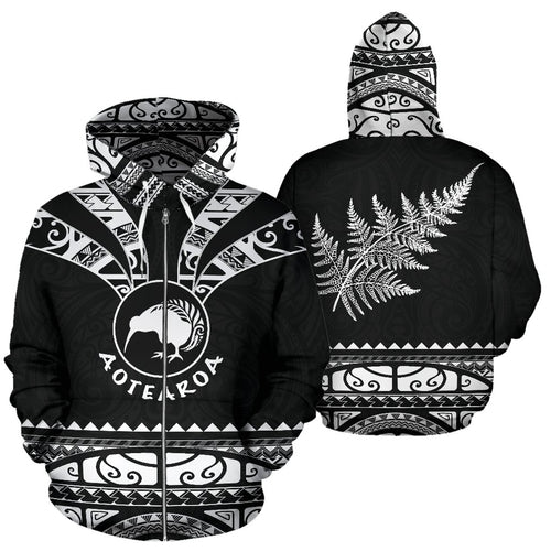 Maori Aotearoa Silver Fern Zip Up Hoodie White -  Medal Version