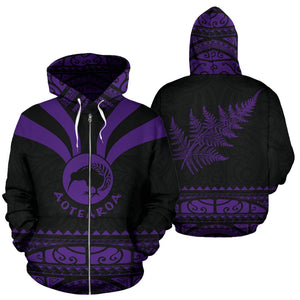 Maori Aotearoa Silver Fern Zip Up Hoodie Violet -  Medal Version