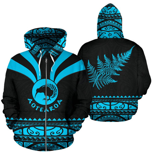 Maori Aotearoa Silver Fern Zip Up Hoodie Blue -  Medal Version