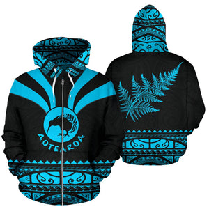 Maori Aotearoa Silver Fern Zip Up Hoodie Blue -  Medal Version